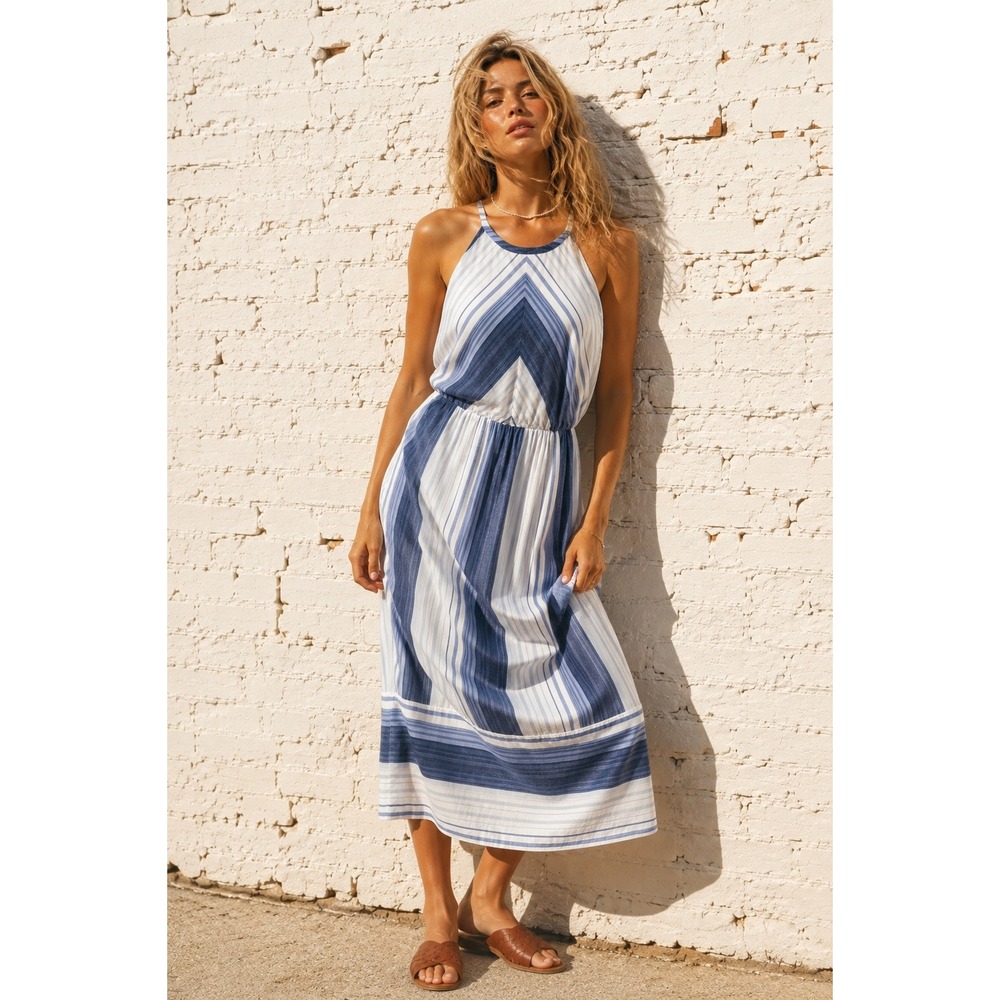 Carve Designs Blue White Organic Cotton Mabel Dress Striped Halter Midi Large